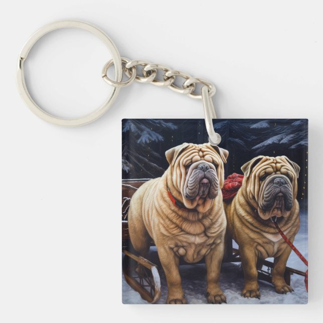 Shar Pei Snowy Sleigh Weihnachtsdekor Schlüsselanhänger (Vorderseite)
