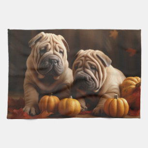 Shar Pei Welpe Herbstfreude Kürbis Geschirrtuch