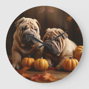 Shar Pei Welpe Herbstfreude Kürbis Große Wanduhr
