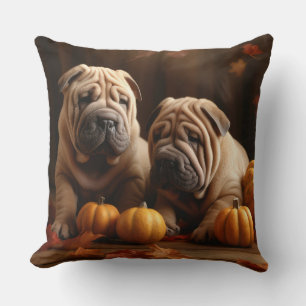 Shar Pei Welpe Herbstfreude Kürbis Kissen