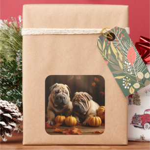Shar Pei Welpe Herbstfreude Kürbis Quadratischer Aufkleber
