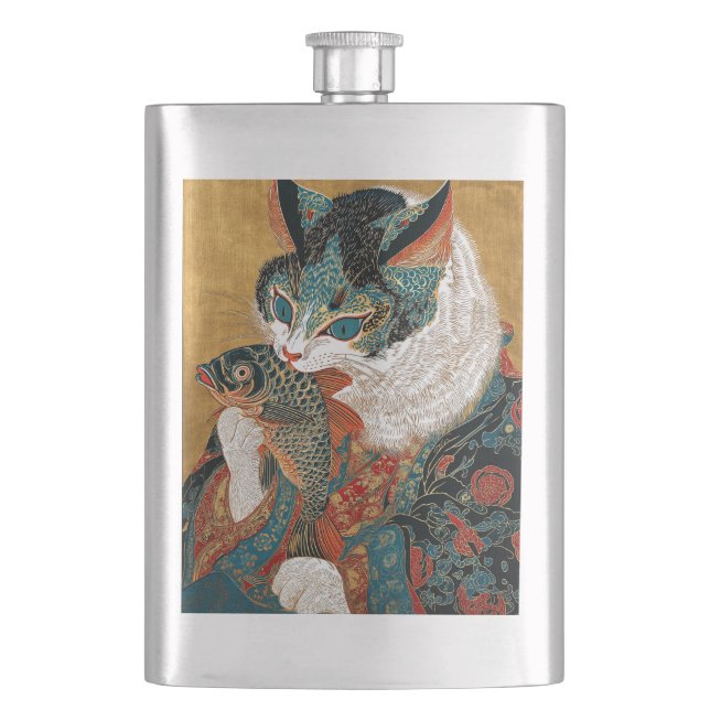 Sharaku Style Ukiyo-e Kabuki Cat Flachmann (Vorderseite)