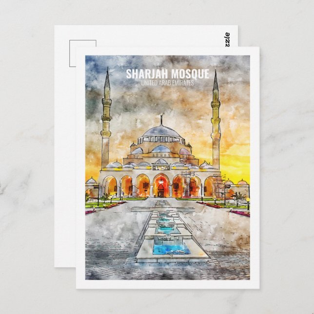 Sharjah Moschee VAE Berühmte Wasserfarbskizze für  Postkarte (Vorne/Hinten)