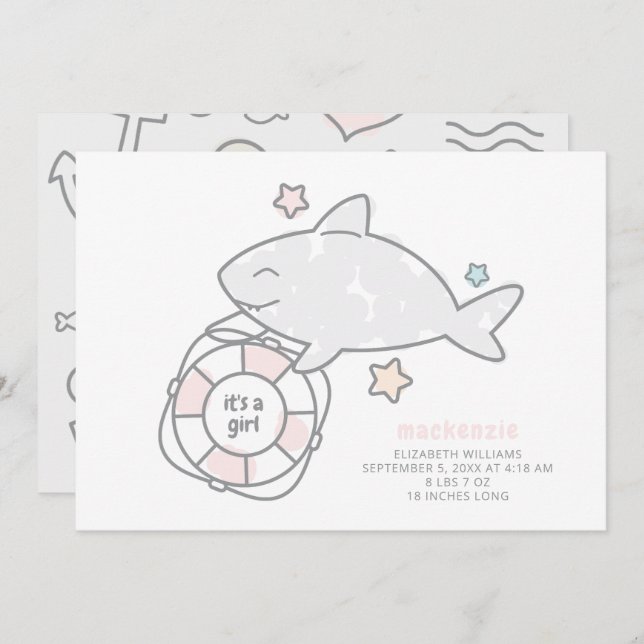 Shark Ahoy Baby Girl Birth Ankündigung (Vorne/Hinten)