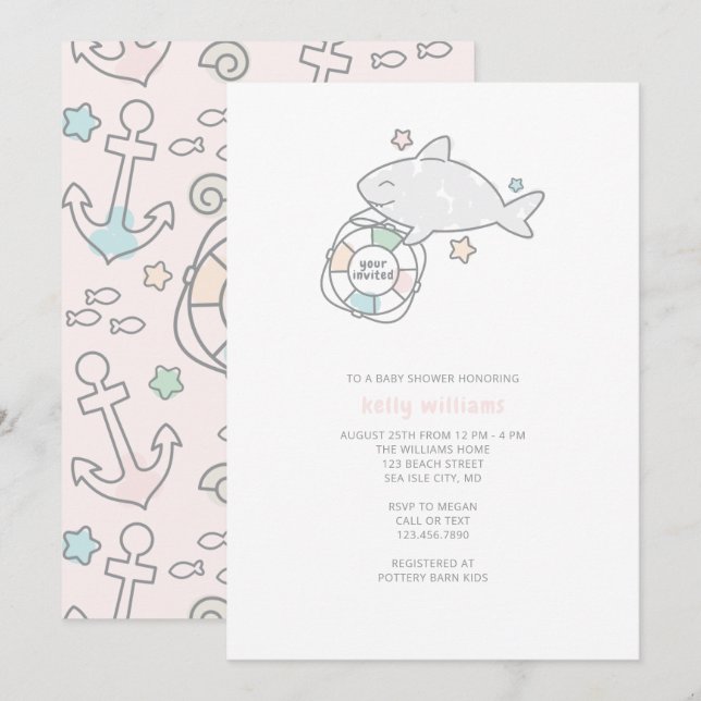 Shark Ahoy Girl Baby Shower Einladung (Vorne/Hinten)