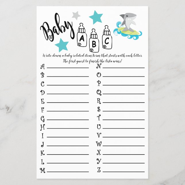 SHARK BABY ABC BABY SHOWER GAME CARD FLYER (Vorne)