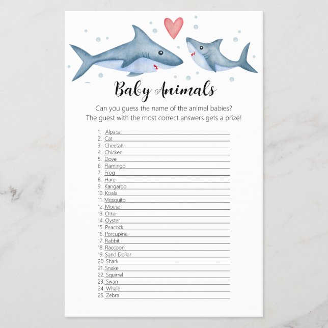 Shark Baby Shower Baby Animals Game Flyer (Vorne)