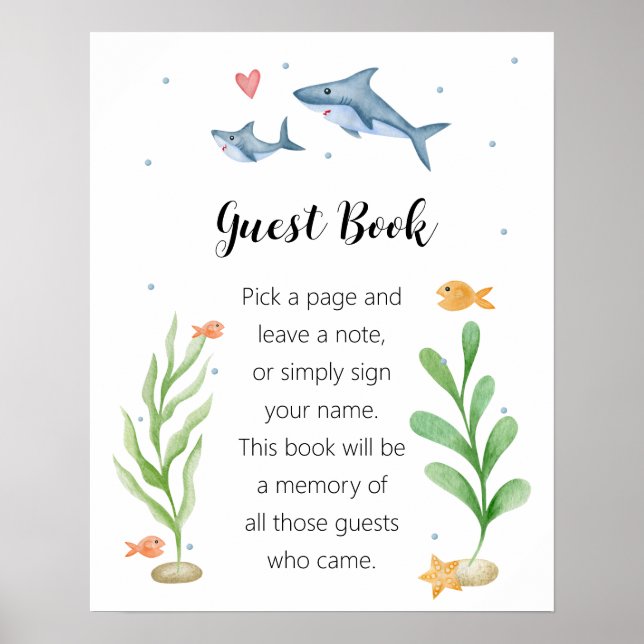 Shark Baby Shower "Guest Book" Schild (Vorne)