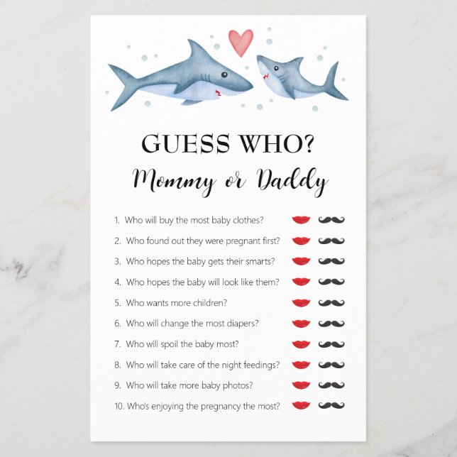 Shark Baby Shower "raten Sie, wer Mama oder Papa"  Flyer (Vorne)