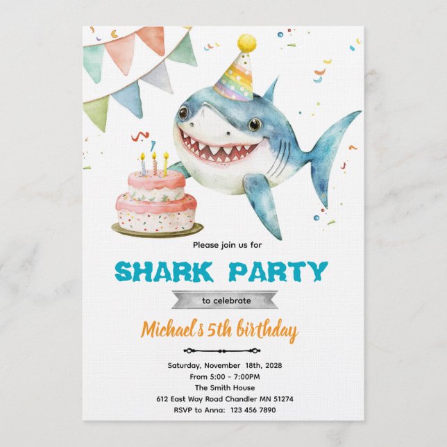 Shark birthday party invitation einladung (Vorderseite)