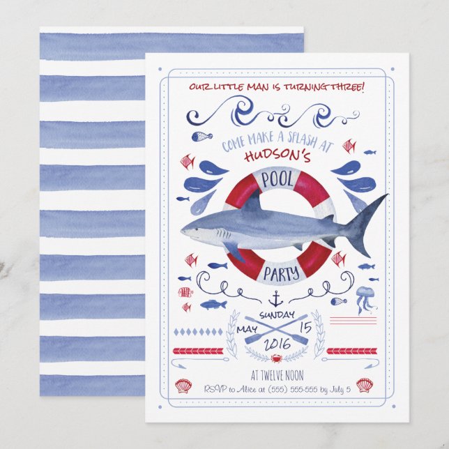Shark Birthday Pool Party Einladung (Vorne/Hinten)