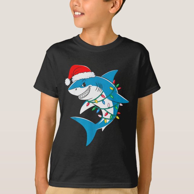 Shark Christmas Lights Santa Hat Xmas Pajama Boys  T-Shirt (Vorderseite)