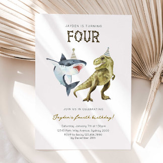 Shark & Dino 4th B'day Invite, T-rex Shark Party Einladung