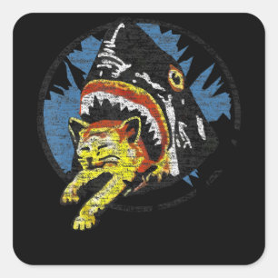 Shark Eating A Cat Funny Shark Ohrts Quadratischer Aufkleber