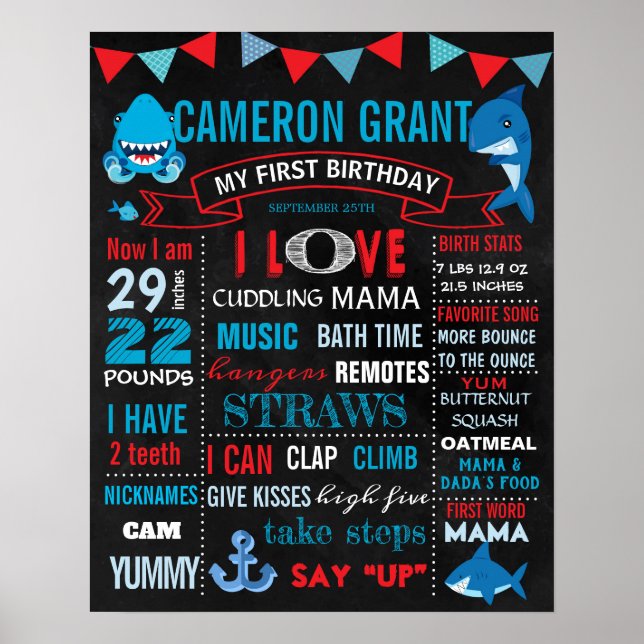 Shark First Birthday Chalkboard Schild für einen J (Vorne)