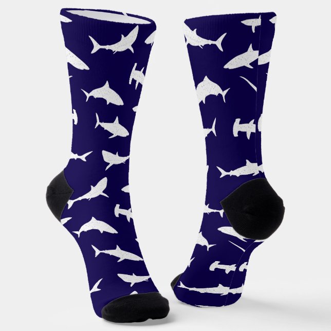 Shark Frenzy Navy Blau und Weiß Muster Socken (Gewinkelt)