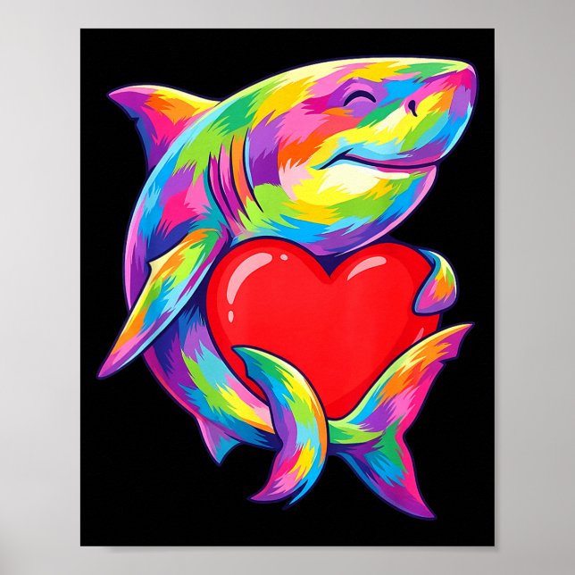 Shark Hugging Valentine Heart Color Critters Rainb Poster (Vorne)