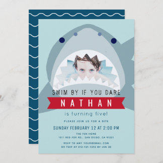 Shark Light Blue Pool Boy Foto Geburtstag Einladung