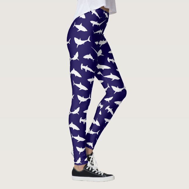 Shark Lover Navy Blau und Weiß Muster Leggings (Rechts)