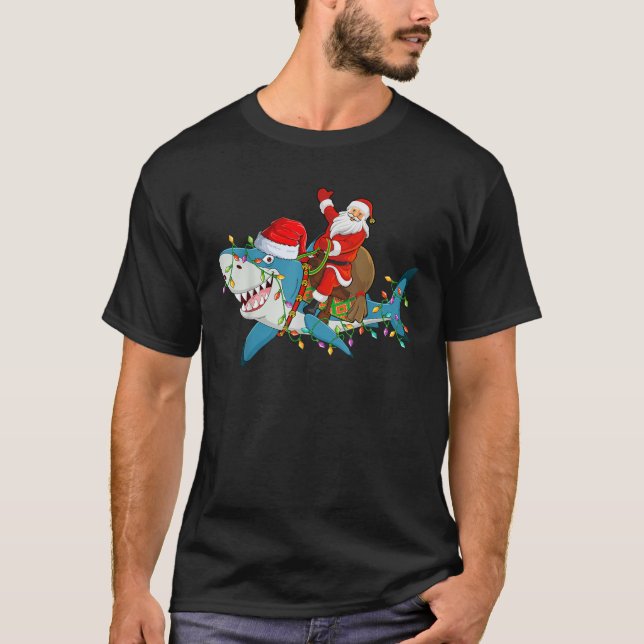 Shark Lover Xmas Lights Santa Ride Weihnachten T-Shirt (Vorderseite)