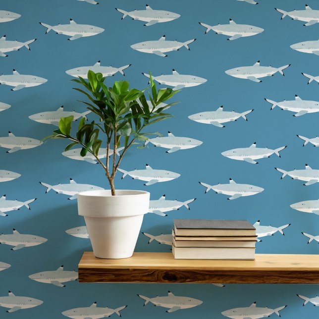 Shark Nautical Aquamarin Green Art Tapete (Fun shark underwater themed teal green nautical wallpaper)