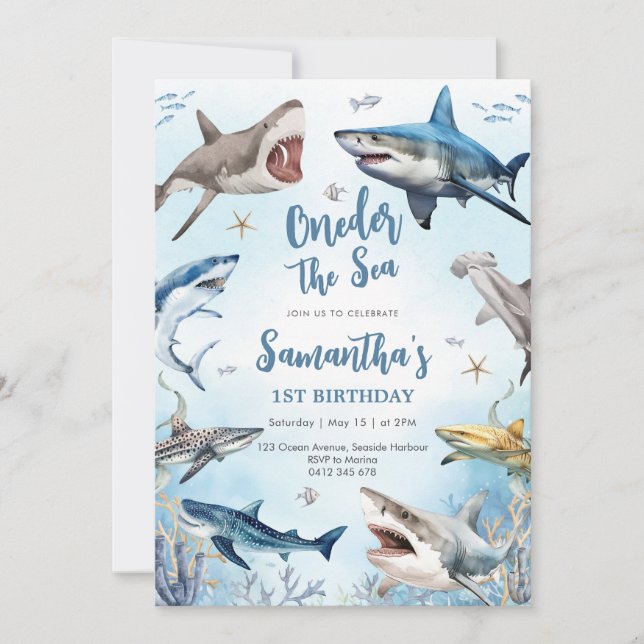 Shark Oneder The Sea 1st Birthday Invitation Einladung (Vorderseite)