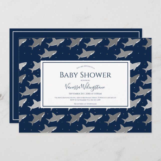Shark Pattern Dark Blue Gray Baby Dusche Einladung (Vorne/Hinten)