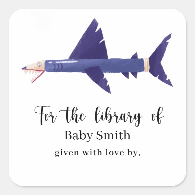 Shark-pencil - Baby Shower Library Quadratischer Aufkleber (Vorderseite)