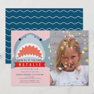 Shark Pink & Navy Blue Pool Foto Girl Birthday Einladung