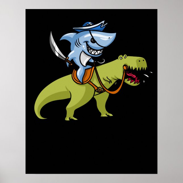 Shark Pirate Riding T-Rex Dinosaur Poster (Vorne)
