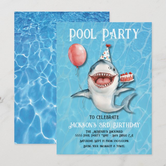 Shark Pool Party Geburtstagskuchen Ballon Einladung (Vorne/Hinten)