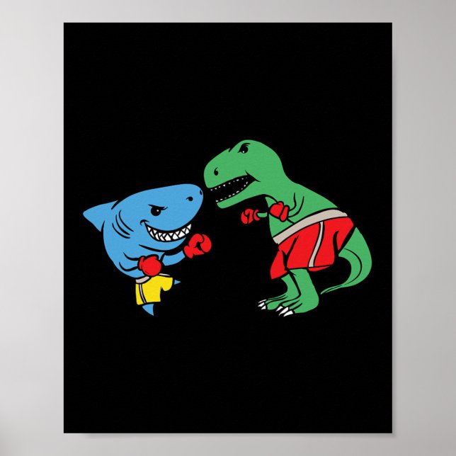 Shark Punching T-rex Dinosaur Funny Fighting Boxin Poster (Vorne)