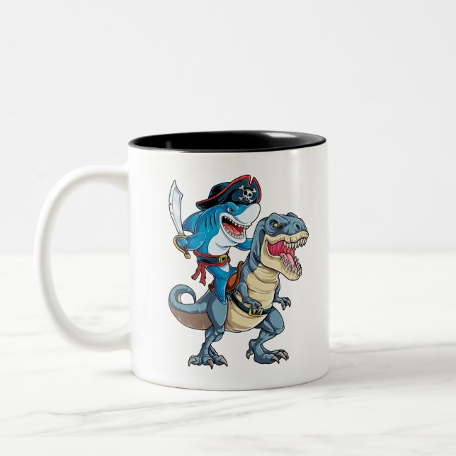 Shark Riding Dinosaur Pirate Shirt für Boys Girls Zweifarbige Tasse (Links)