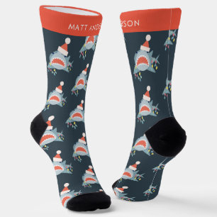 Shark Santa Claus Navy Blue Weihnachtsfeiertag Socken