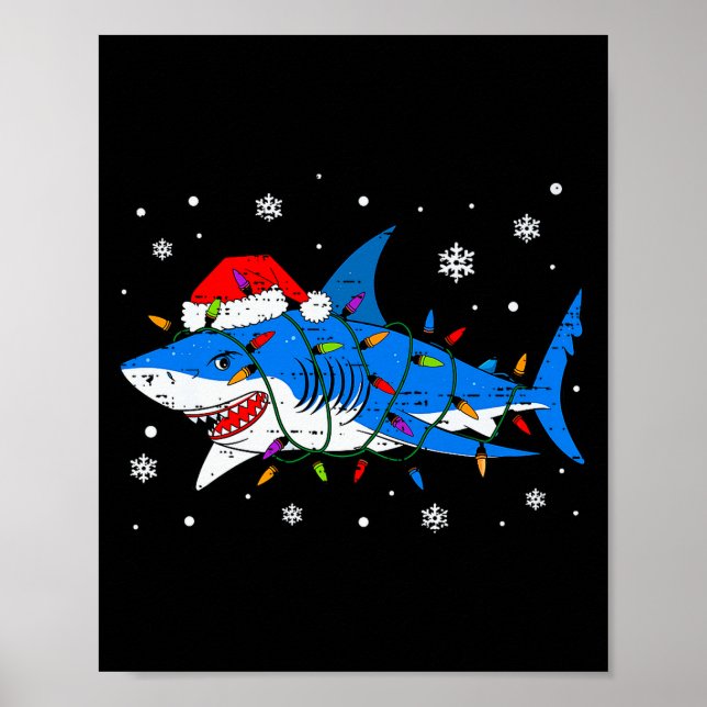 Shark Santa Hat Christmas Lights Xmas Pajama Men W Poster (Vorne)