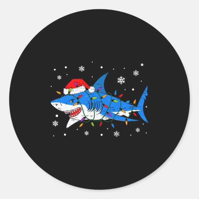 Shark Santa Hat Christmas Lights Xmas Pajama Men W Runder Aufkleber (Vorderseite)