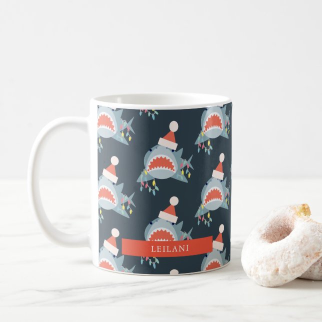 Shark Santa Weihnachtsfeiertage Lichter Navy Blue Kaffeetasse (Mit Donut)