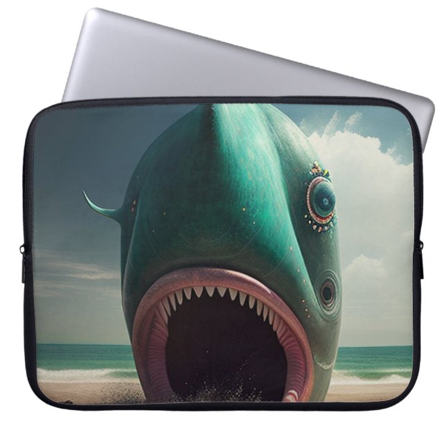 Shark sculpture on the beach laptopschutzhülle (Vorderseite)