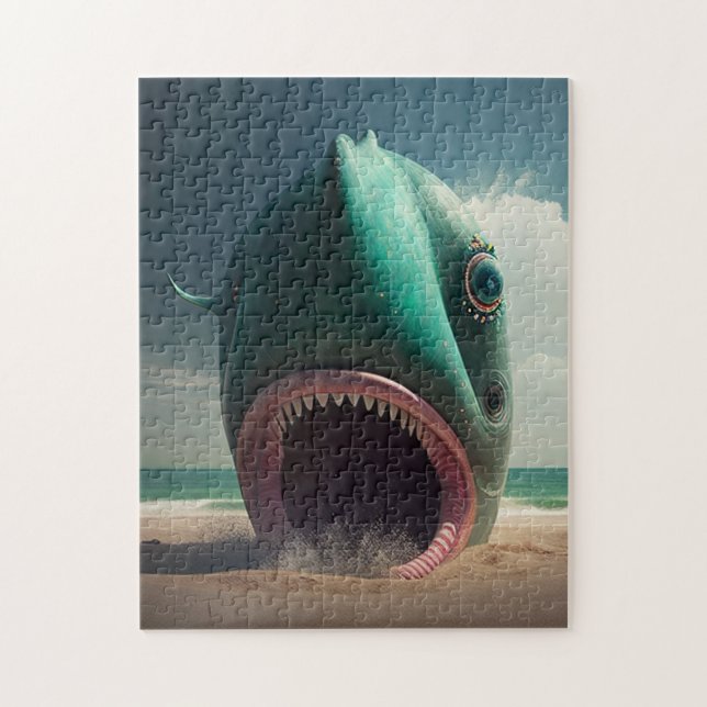 Shark sculpture on the beach puzzle (Vertikal)