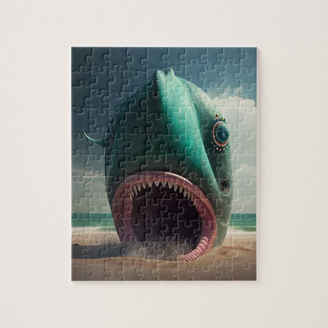 Shark sculpture on the beach puzzle (Vertikal)