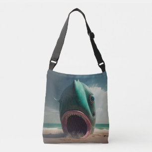 Shark sculpture on the beach tragetaschen mit langen trägern