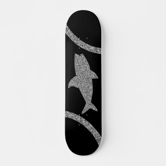 Shark Silver Glitzer Black Skateboard (Vorne)