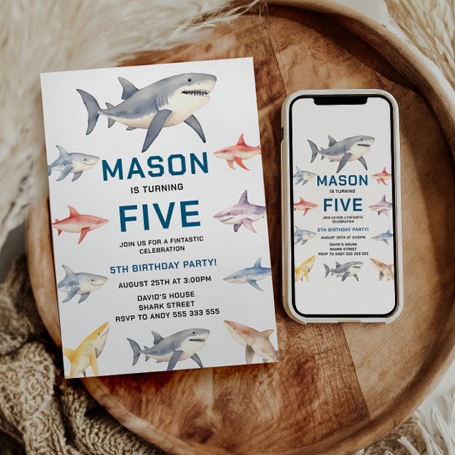 Shark Splash 5th Birthday Party | Cute Ocean Kids Einladung (Shark Splash 5th Birthday Party | Cute Ocean Kids Invitation)