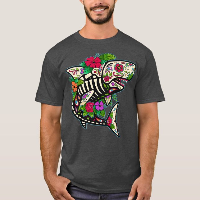 Shark Sugar Skull Calavera Mexico Dia De Los T-Shirt (Vorderseite)