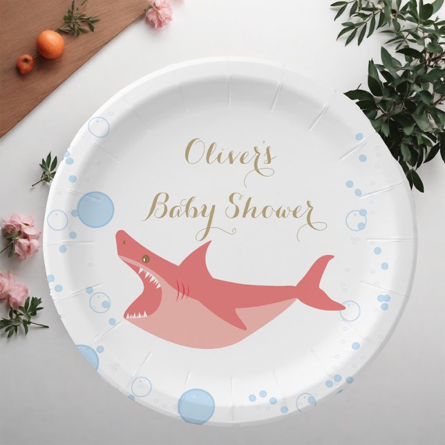 Shark Summer Red und Blue Bubbles Baby Dusche Pappteller (Von Creator hochgeladen)