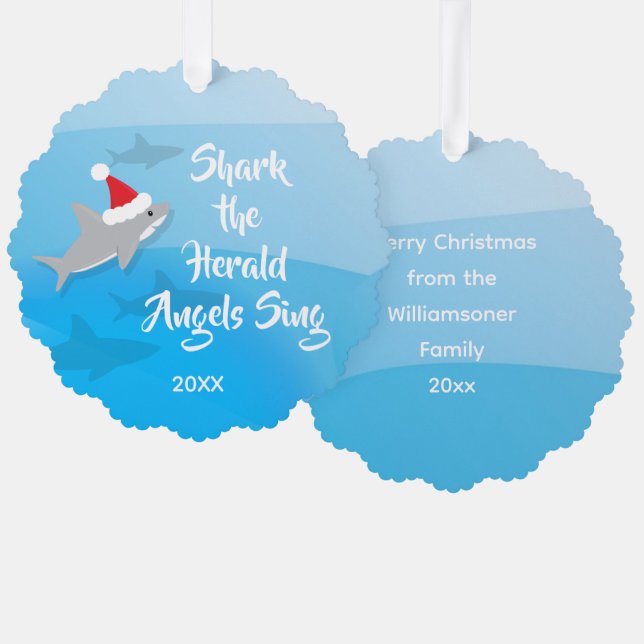 Shark the Herald Angels Sing Funny Ornament Karte (Vorderseite/Rückseite)