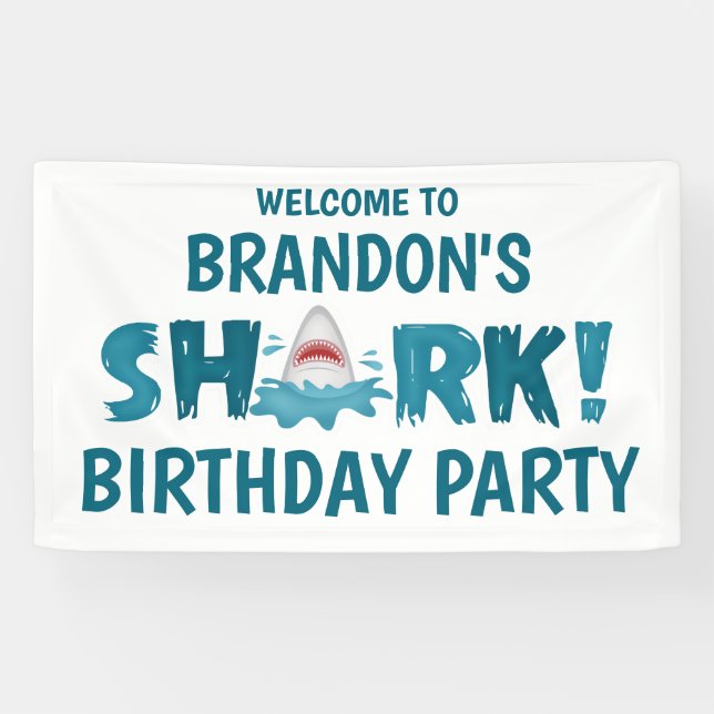 SHARK Theme Blue Aquamarin Birthday Party Kid Bann Banner (Horizontal)