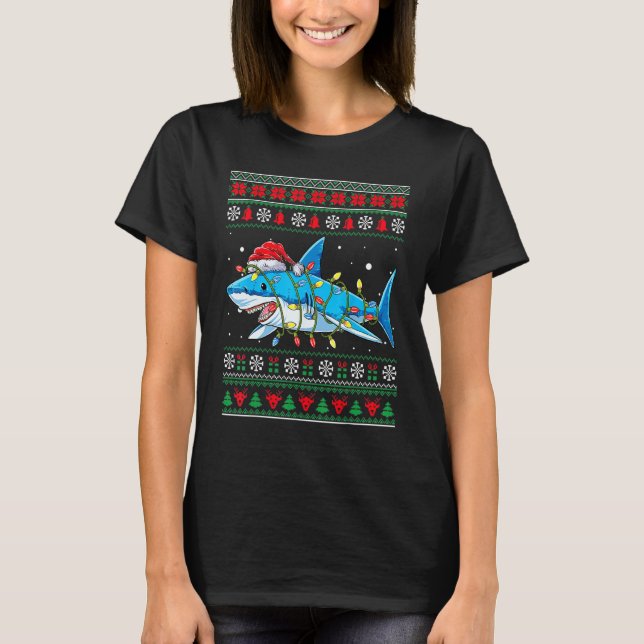 Shark Ugly Christmas Sweater Xmas Lights Family Ma T-Shirt (Vorderseite)