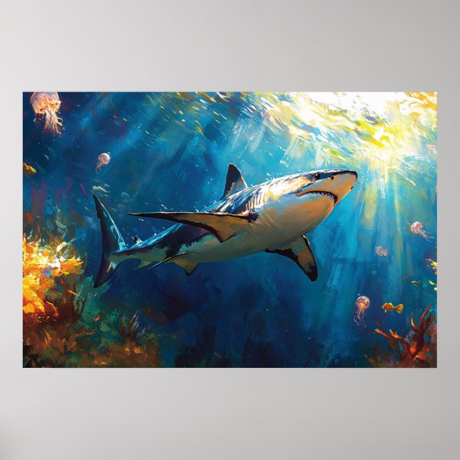Shark Underwater Surrounded by Jellyfish Poster (Vorne)
