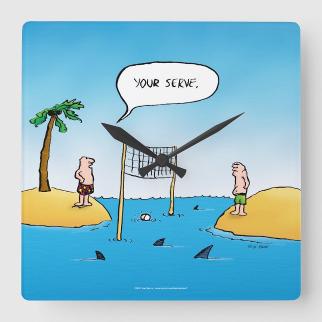 Shark Volleyball Funny Cartoon Quadratische Wanduhr (Vorderseite)